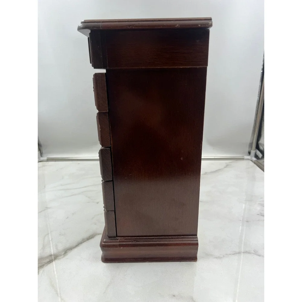 Vintage Wooden Jewelry Armoire Chest 10 Drawer Etched Glass Rotating Carousel